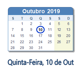 10 Outubro 2019 calendario