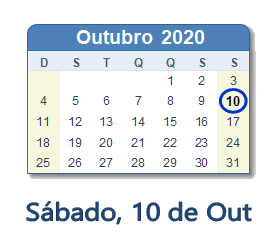 10 Outubro 2020 calendario