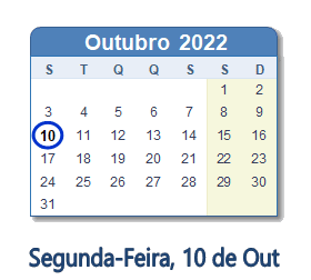 10 Outubro 2022 calendario