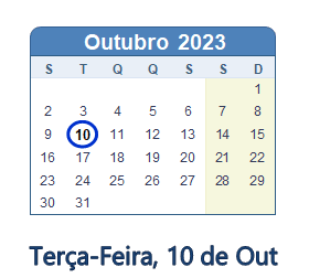 10 Outubro 2023 calendario