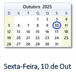 10 Outubro 2025 calendario