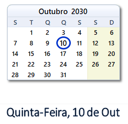 10 Outubro 2030 calendario