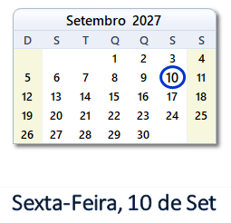 10 Setembro 2027 calendario