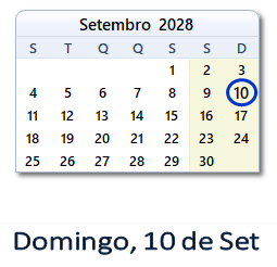 10 Setembro 2028 calendario