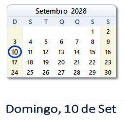 10 Setembro 2028 calendario