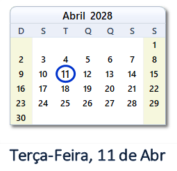 11 Abril 2028 calendario