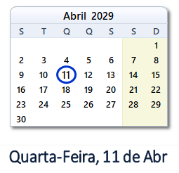 11 Abril 2029 calendario