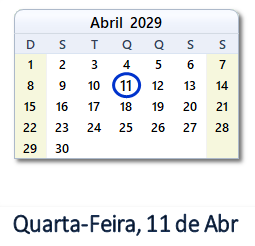 11 Abril 2029 calendario