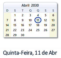 11 Abril 2030 calendario