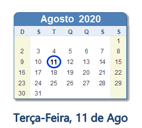 11 Agosto 2020 calendario