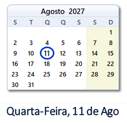 11 Agosto 2027 calendario