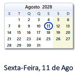 11 Agosto 2028 calendario