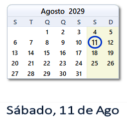 11 Agosto 2029 calendario