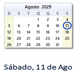 11 Agosto 2029 calendario