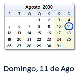 11 Agosto 2030 calendario