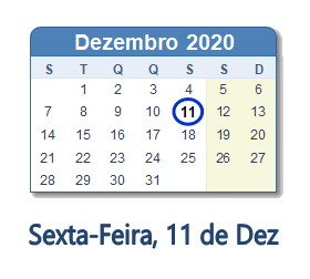 11 Dezembro 2020 calendario