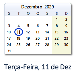 11 Dezembro 2029 calendario