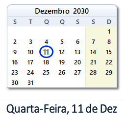 11 Dezembro 2030 calendario