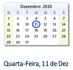 11 Dezembro 2030 calendario
