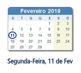 11 Fevereiro 2019 calendario