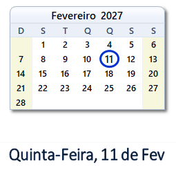 11 Fevereiro 2027 calendario