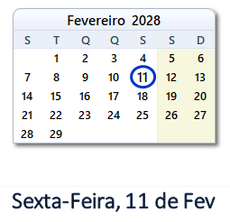 11 Fevereiro 2028 calendario