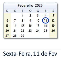 11 Fevereiro 2028 calendario