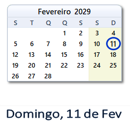 11 Fevereiro 2029 calendario