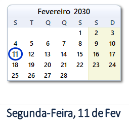 11 Fevereiro 2030 calendario