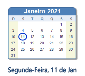 11 Janeiro 2021 calendario