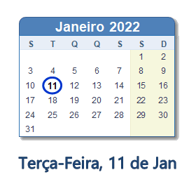 11 Janeiro 2022 calendario