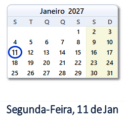 11 Janeiro 2027 calendario