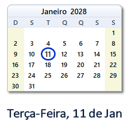 11 Janeiro 2028 calendario