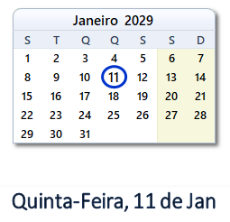 11 Janeiro 2029 calendario