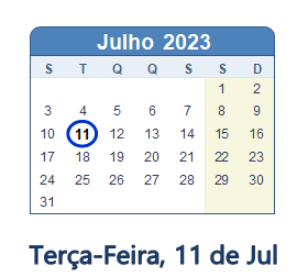 11 Julho 2023 calendario