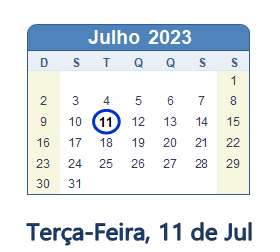 11 Julho 2023 calendario