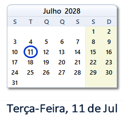 11 Julho 2028 calendario