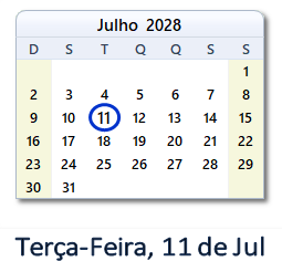 11 Julho 2028 calendario