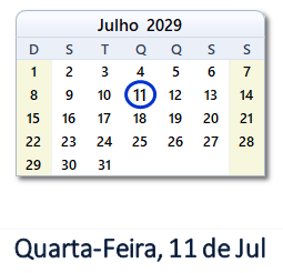 11 Julho 2029 calendario