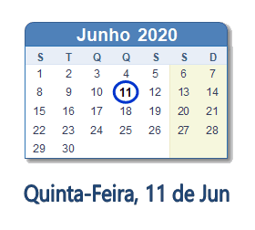 11 Junho 2020 calendario