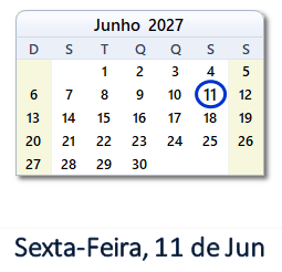 11 Junho 2027 calendario