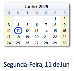 11 Junho 2029 calendario
