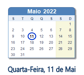 11 Maio 2022 calendario