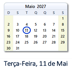 11 Maio 2027 calendario