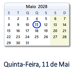 11 Maio 2028 calendario