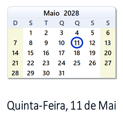 11 de Mai, 2028 Calendário com Feriados e Cont. Regressiva - BRA