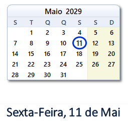 11 Maio 2029 calendario