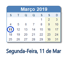 11 Março 2019 calendario