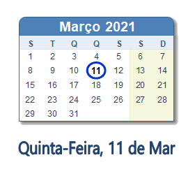 11 Março 2021 calendario