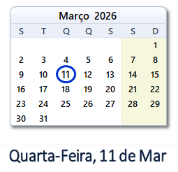 11 Março 2026 calendario